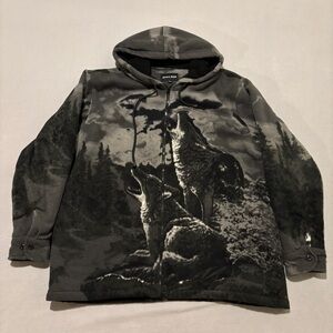 Saga Man Sweater Hoodie Gray Full Zip Wolf Lined Fall Outdoor Y2K Grunge Size XL